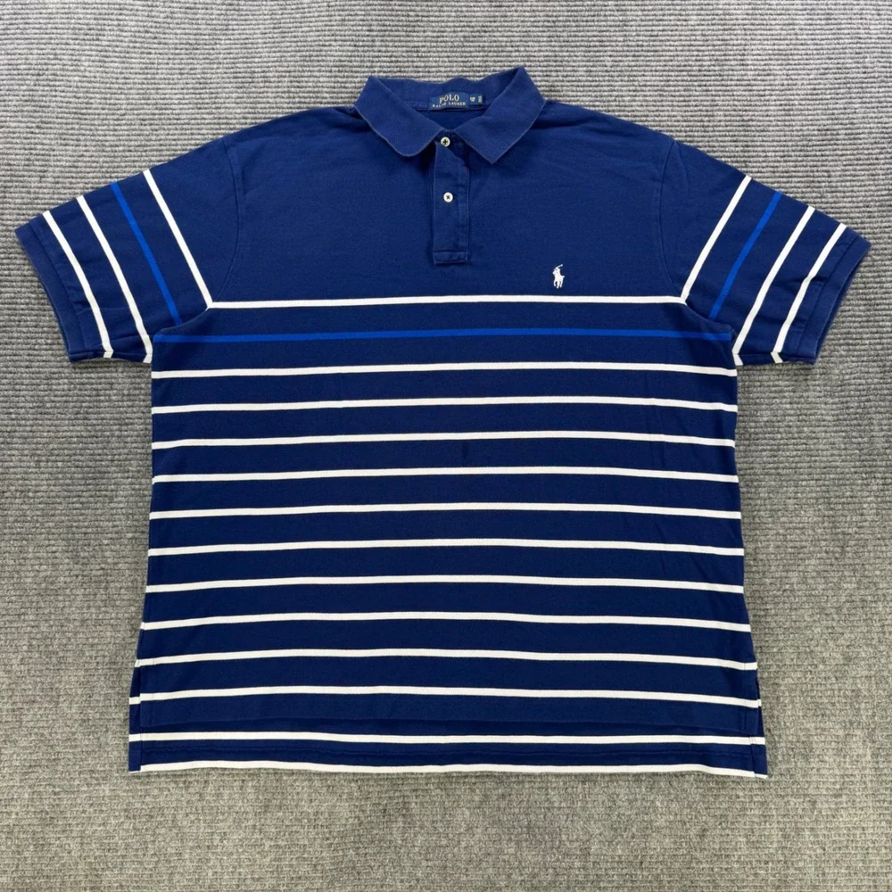 Polo Ralph Lauren Blue White Striped Short Sleeve Pique Polo Shirt Mens 2XB‎ Big